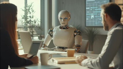 Humanoid AI robot engaging in business meeting with people, android speaking in modern office setting featuring diverse team. - Powered by Adobe