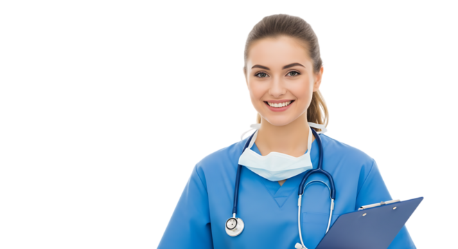 Smiling female nurse with stethoscope and clipboard wearing blue scrubs isolated on black background representing healthcare professionals and medical staff - Powered by Adobe