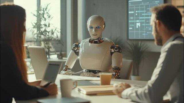 Humanoid AI robot engaging in business meeting with people, android speaking in modern office setting featuring diverse team.