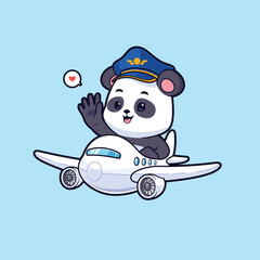 Cute panda pilot flying a plane vector mascot logo. Animal transportation icon concept illustration
