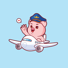 Cute pig pilot flying a plane vector mascot logo. Animal transportation icon concept illustration