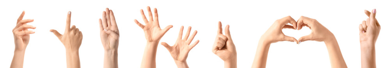 Collage of gesticulating hands on white background