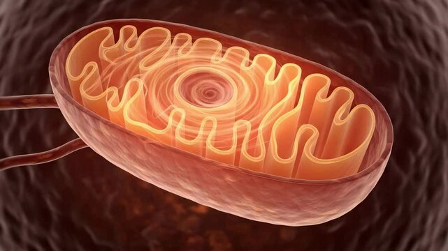 Detailed rendering of a mitochondrion with its inner membrane and surrounding cellular environment