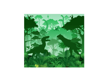 Seamless vector tropical forest with utahrapror, carnotaurus, raptor, Patagotitan, Brachiosaurus and pterodactyl © Save Jungle