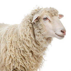 Closeup profile of a fluffy white sheep isolated on transparent background