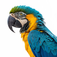 A vibrant blue and gold macaws head and shoulders are isolated on transparent background