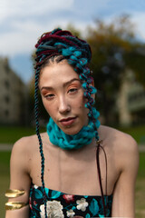 Portrait of a woman with unique braids and contemporary fashion