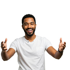 Fototapeta premium Happy African American Male Smiling with Open Arms in White T-Shirt for Joyful Expressions