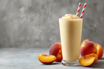 Peach yogurt breakfast smoothie in a long banner layout