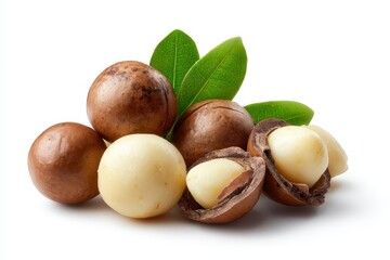 Peeled macadamia nuts in shells on a white background with clipping path