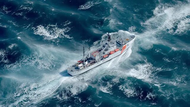 Coast guard ship navigating through turbulent seas during a daring rescue mission, creating a powerful wake behind, captured from an aerial perspective amidst crashing waves