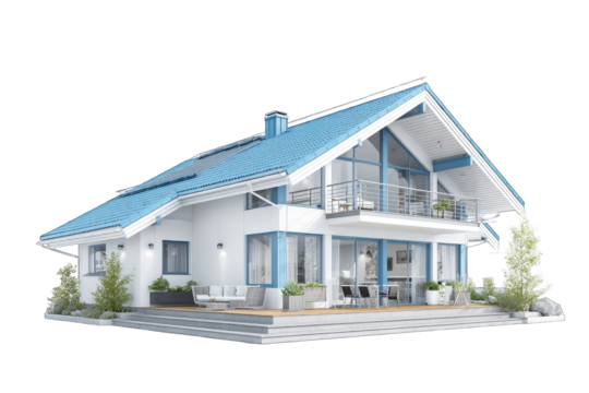 Modern white house with blue roof, large windows, and a spacious deck