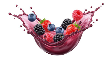 Mixed berries splash into red juice © PNG Lab