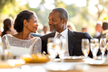 Middle-aged African American couple sharing tender look during their pearl wedding anniversary celebration dinner. Concept lifelong partnership, deep emotional connection through decades of marriage