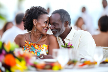 Affectionate middle-aged African American couple enjoying ruby wedding anniversary, outdoor dinner celebration. Concept of enduring love, emotional closeness, lifelong romance through decades together