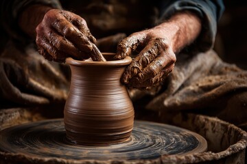 Potter shapes clay into a pot