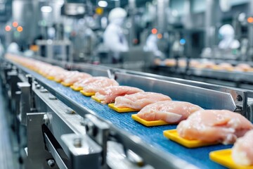 Poultry processing facility for chicken products on a conveyor