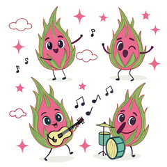 Fruits Quirky Cartoon Characters Vector, Dragon Fruit, Watermelon, Orange, and Corn as Funny Fruit Illustrations