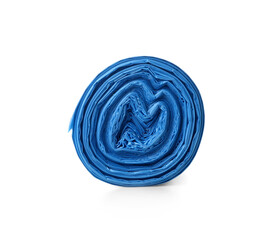 Blue roll of garbage bags on white background