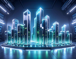 3D Graph of Blue-Green Bars in Futuristic Business Environment