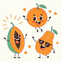Fruits Quirky Cartoon Characters Vector, Dragon Fruit, Watermelon, Orange, and Corn as Funny Fruit Illustrations