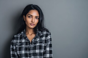 Fototapeta premium Portrait of a young attractive Indian woman in a plaid shirt with a gray backdrop