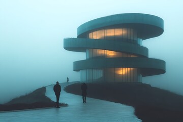 Modern Circular Building with Spiral Design in Foggy Landscape at Sunset