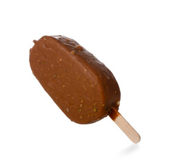 Delicious chocolate covered ice cream on stick against white background