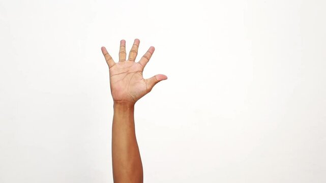 Counting hands showing numbers from zero to five with arm raised on white background