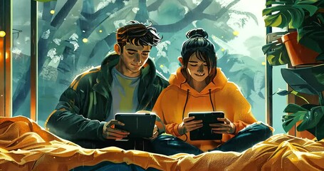 Young couple enjoying digital devices in cozy room - Powered by Adobe