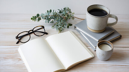 Flat lay of an open notebook, stylish glasses, and coffee mug on transparent background

