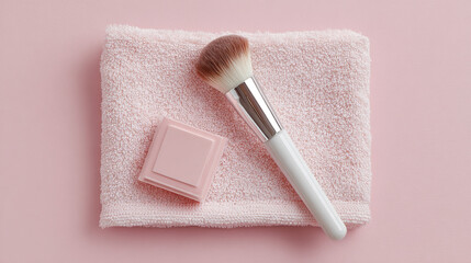 Flat lay of pastel pink cosmetic tube and soft makeup brush on transparent background

