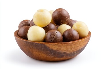 Obraz premium Roasted macadamia nut on a wooden plate against a white backdrop