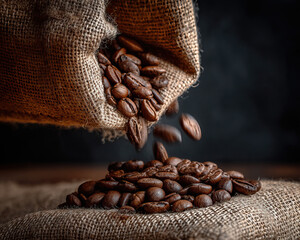 Natural light composition of a burlap sack dropping coffee beans on transparent background

