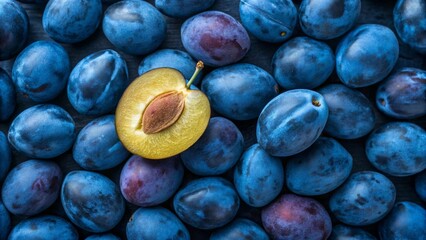 Blue plums background. Suitable for marketing or business purposes. Panoramic banner with place for text