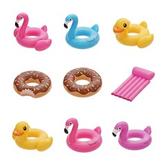 Summer pool floaties and accessories set on isolated backdrop
