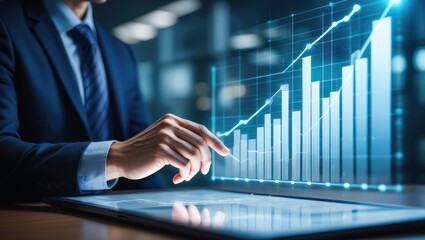 Businessman analyzing financial growth with digital data and charts