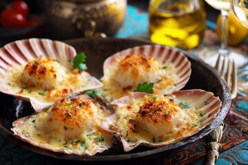 Supported Pecten Jacobaeus in shells Baked scallops Seafood from the Mediterranean