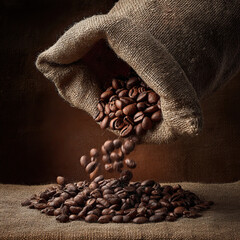 Natural light composition of a burlap sack dropping coffee beans on transparent background

