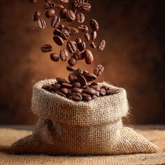 Natural light composition of a burlap sack dropping coffee beans on transparent background

