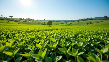 Fresh green tea leaves in plantation under sunlight, wide landscape