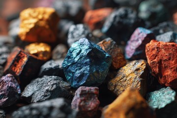 Diverse blend of minerals resources and metals textured rock backdrop Multi hued assortment Market fluctuations
