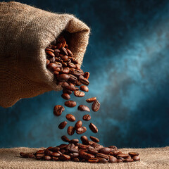 Natural light composition of a burlap sack dropping coffee beans on transparent background

