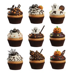 Nine assorted, delicious Halloween cupcakes artfully decorated with spooky themes, creating a festive treat for the holiday