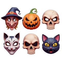 Set of spooky halloween masks including a witch, skull, cat and pumpkin