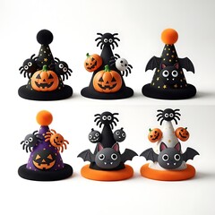 Spooky Halloween hats decorated with pumpkins, spiders, and bats, are creatively arranged for a festive display. The image encapsulates the whimsical essence of Halloween.