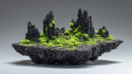 Tiny volcanic island with vivid green plants and jagged black rocks on transparent background


