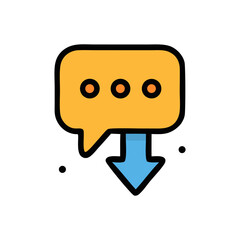 A simple, orange speech bubble with three dots, connected to a downward-pointing blue arrow, suggesting a download or message transfer.
