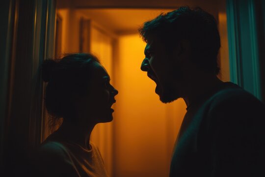 Distressed couple in conflict abusive confrontation in a dark apartment hallway