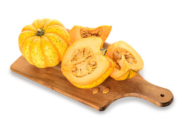 Wooden board with fresh pumpkins on white background